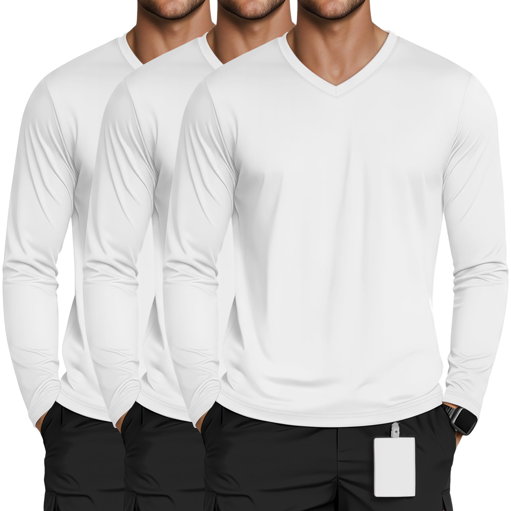 3 Pack Mens Long Sleeve Underscrub Nurse V Neck Scrub Undershirts Fitted Base Layer Tees for Medical Uniforms