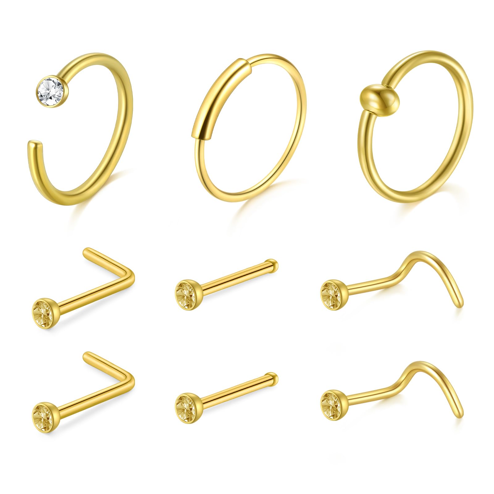 NIUSIMAN Anillo Piercing Nariz aro Oro plata 20G L Anillo piercing nariz acero quirurgico Delgado Pequeño Anillo Nariz Doble Aro Bola Cristal Plana Anillos Piercing Nariz Acero Quirúrgico