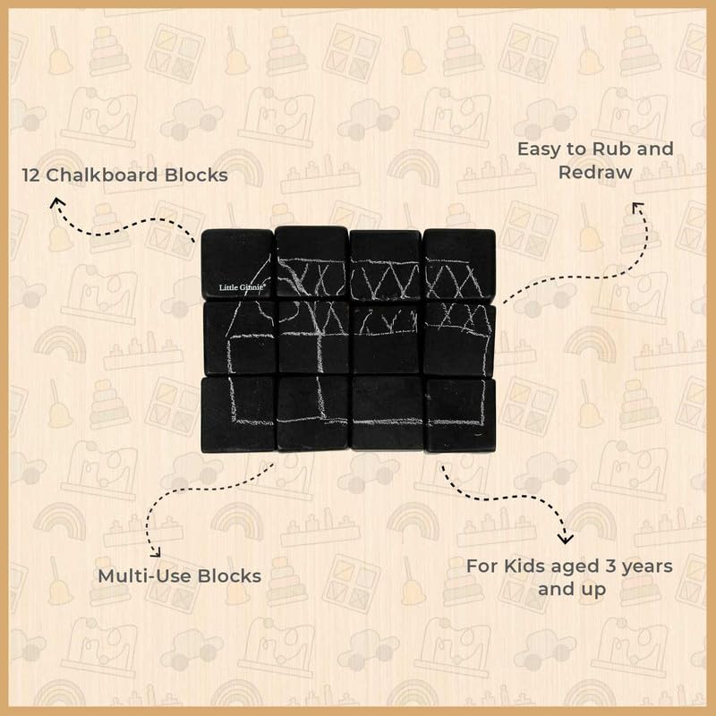 Little Ginnie Chalkboard Block Set - Wooden Puzzle for Kids for Ages 3+ Years | 12 Reusable Multi-Use Blocks for Creative Play & Learning, Easy to Rub and Redraw | Enhances Fine Motor Skills 1