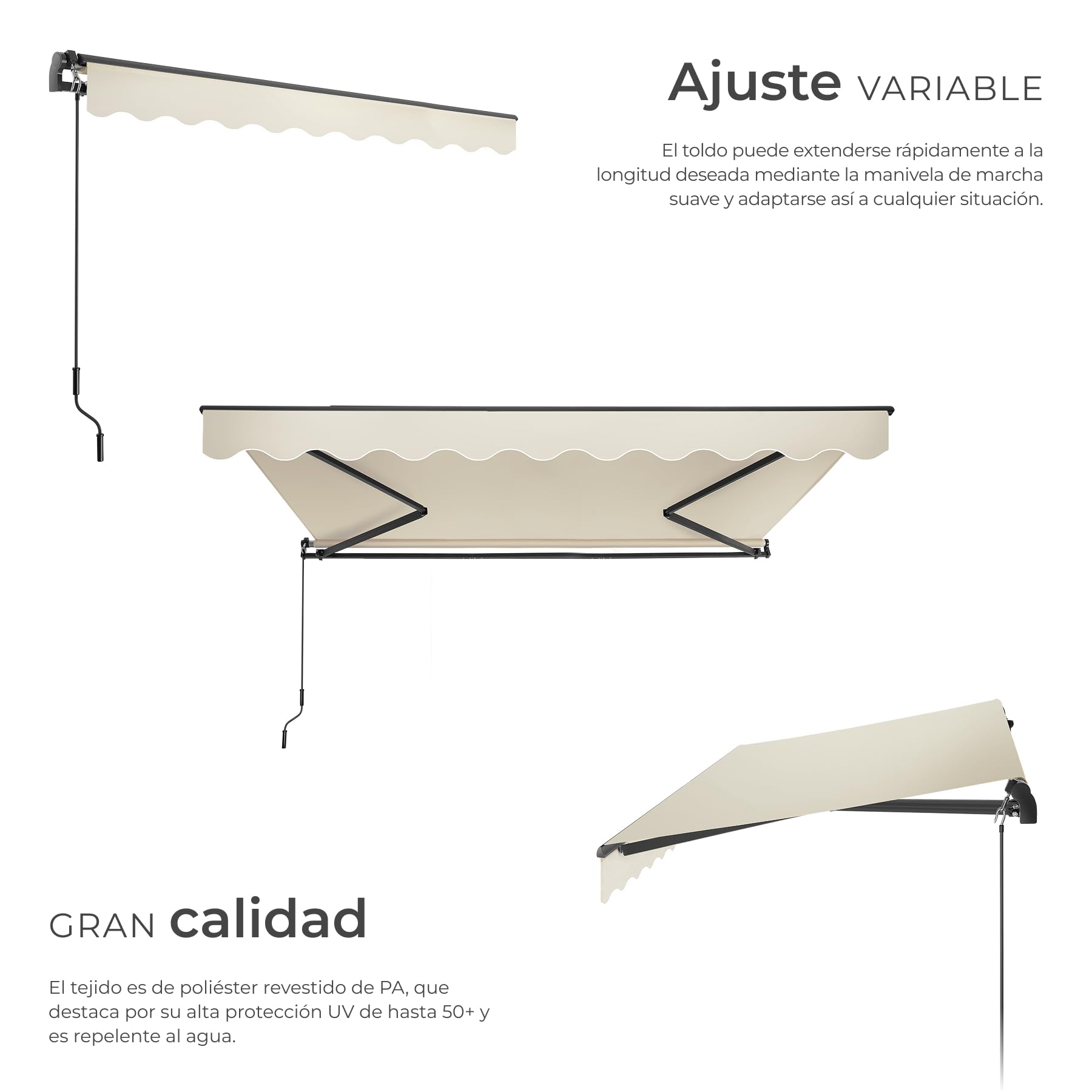tectake® toldo retractil con Brazos articulados, fácil de Manejar con manivela, Estructura de Aluminio y Acero, Ideal para terraza, toldo Exterior, toldos Exterior terraza - 300x250 cm Beige