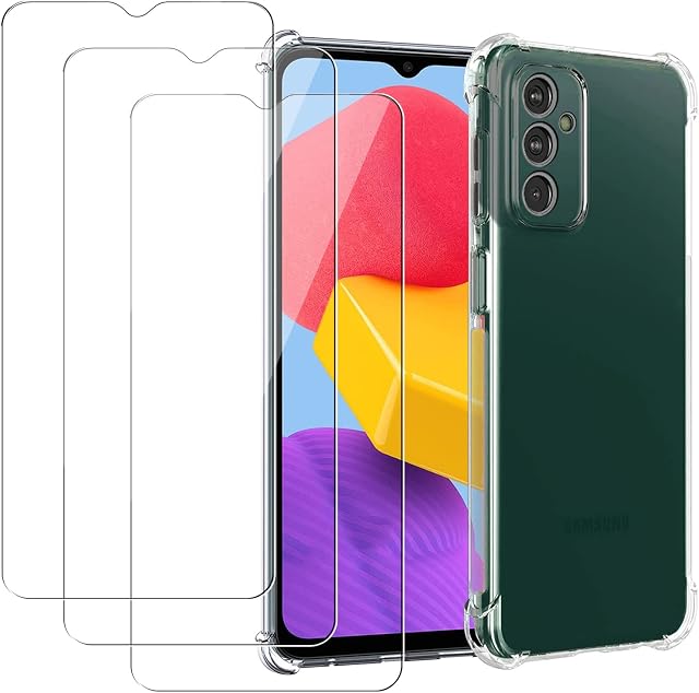 KZIOACSH Case for Samsung Galaxy M13 4G, Airbag Drop Protection Shockproof Transparent Phone Case Soft TPU Ultra Thin Fit Crystal Anti-Scratch Bumper Cover with 3 Tempered Glass Screen Protector