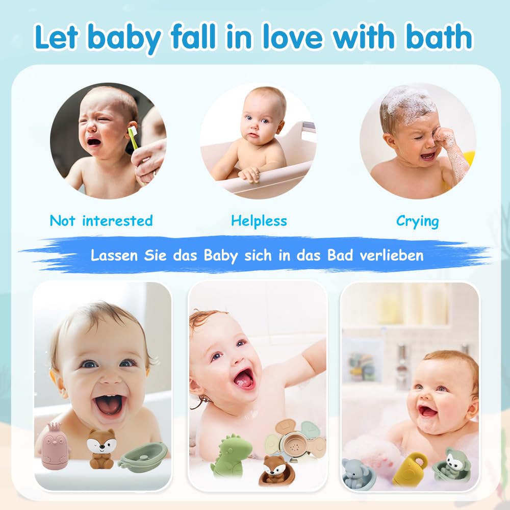 Giocattoli da Bagno Bambini, Giochi Bagnetto, Giocattoli Animali in Silicone con Barchette da Bagno Impilabili e Cucchiaio, Giochi Acqua Giocattolo Che Nuota Giochi Vasca da Bagno Bambini 1 2 3 4 Anni