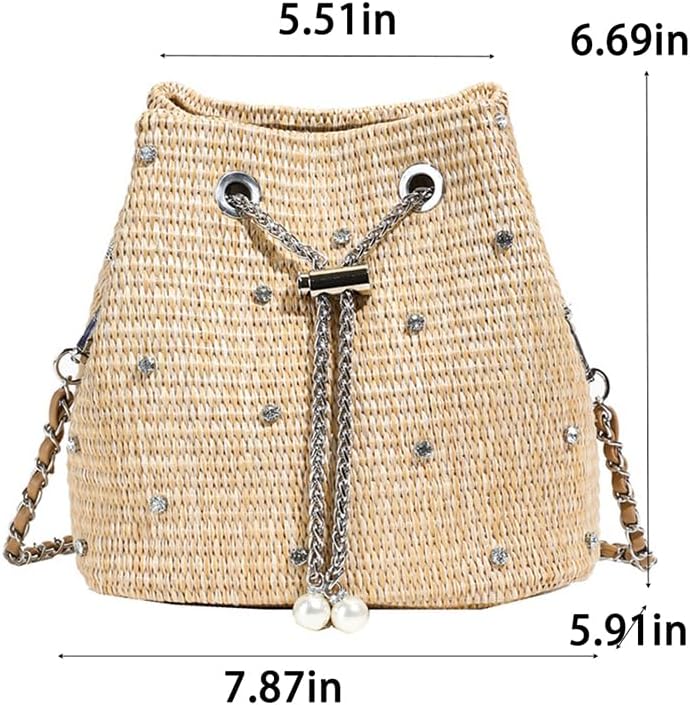 Pearl Straw Bucket Purse for Women Summer Vacation Crossbody Purses Beach Bag Beaded Rhinestone Handbag - Image 6
