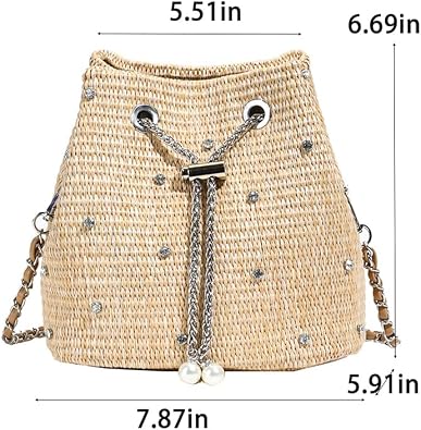 Pearl Straw Bucket Purse for Women Summer Vacation Crossbody Purses Beach Bag Beaded Rhinestone Handbag
