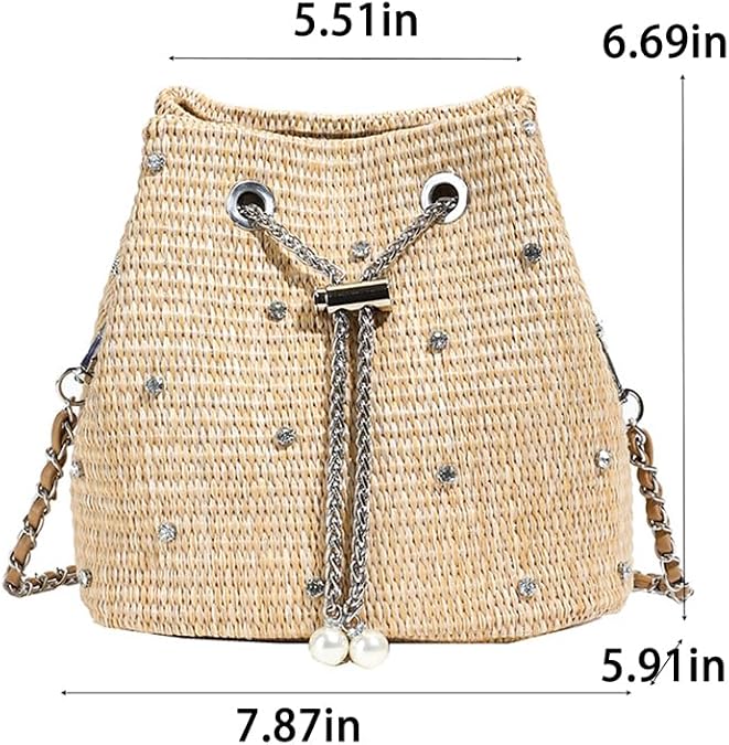 Pearl Straw Bucket Purse for Women Summer Vacation Crossbody Purses Beach Bag Beaded Rhinestone Handbag