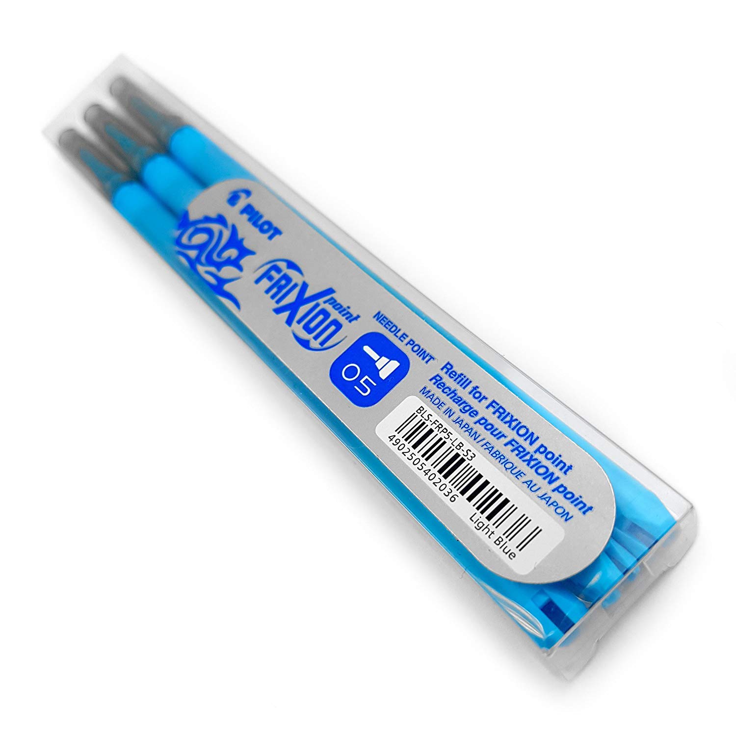 Frixion Point - Ultra Fine Erasable Rollerball - 0.5mm Needle Point - Pack of 3 Refills - Light Blue Ink