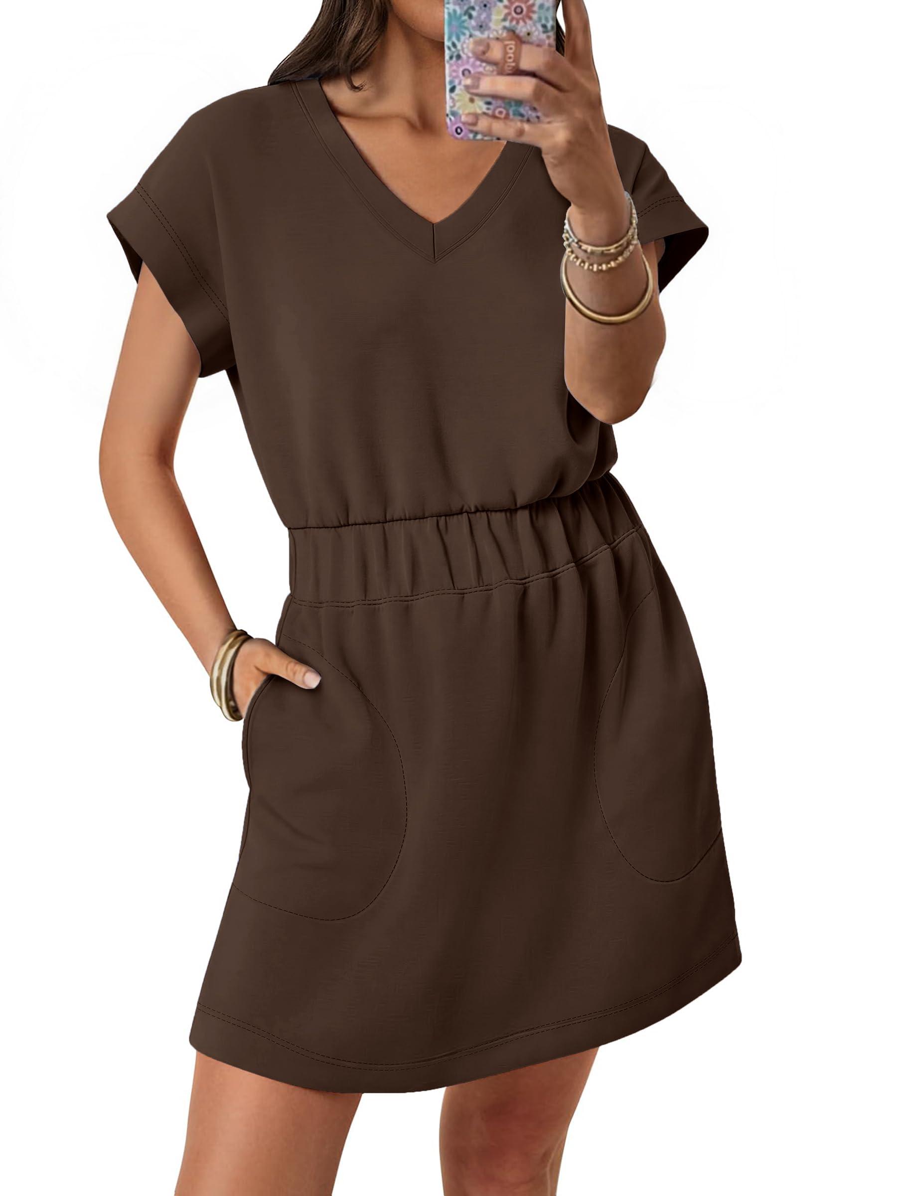ANRABESS Womens Summer Dresses Casual V Neck Short Sleeve Elastic Waist Mini Tshirt Dress Beach Vacation Sundress with