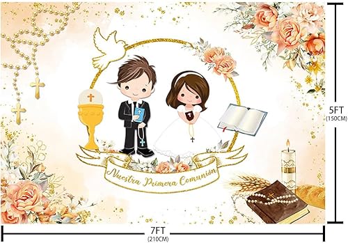Miniatura 5 de AIBIIN Telón de fondo de comunión Mi Primera de 7 x 5 pies para gemelos Nuestra Primera Comunión God Bless Bautismo, decoración de fiesta, ceremonia