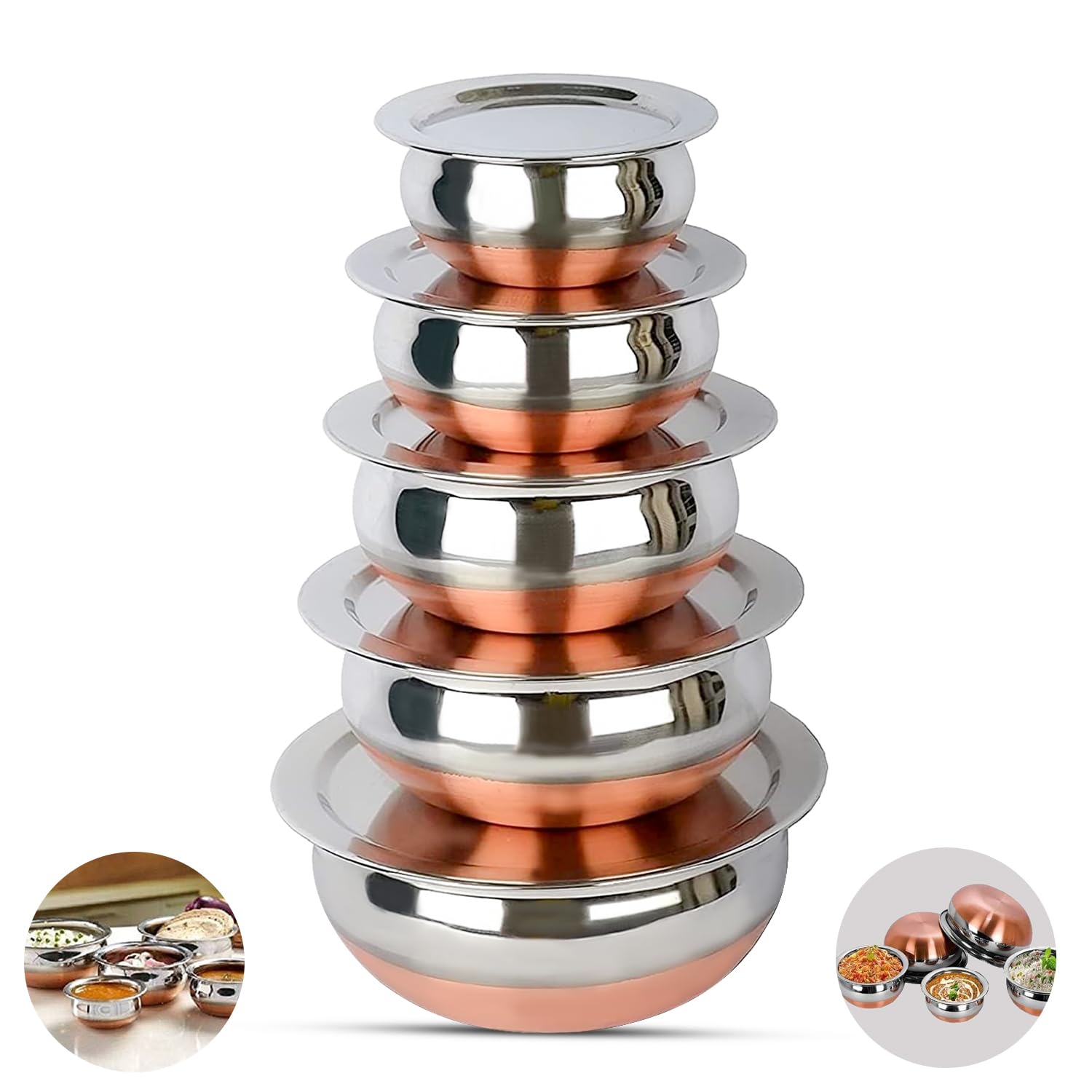PANCA Stainless Steel Copper Bottom Handi, Cooking Serving Bowl, Cookware Set of 5 Pieces with lid Size: 1.600 L, 1.200 L, 0.850 L, 0.650 L, 0.400 L (Copper, Stainless Steel, Non-Stick)