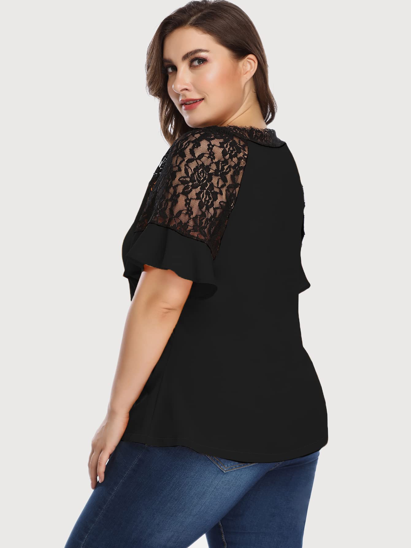 OYOANGLE Women's Plus Size Flounce Short Sleeve Work Office Lace Deep V Neck Elegant Blouse