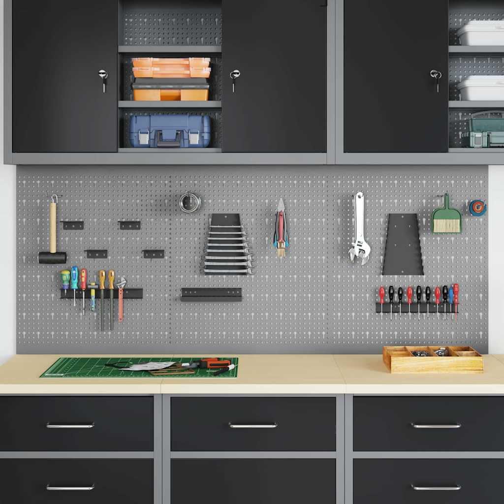 Pannello da parete per attrezzi, grigio in legno e acciaio, 150 x 1 x 60 cm, set da 3 pezzi, per officina, garage, cantina, montaggio a parete e salvaspazio, per attrezzi e piccoli pezzi
