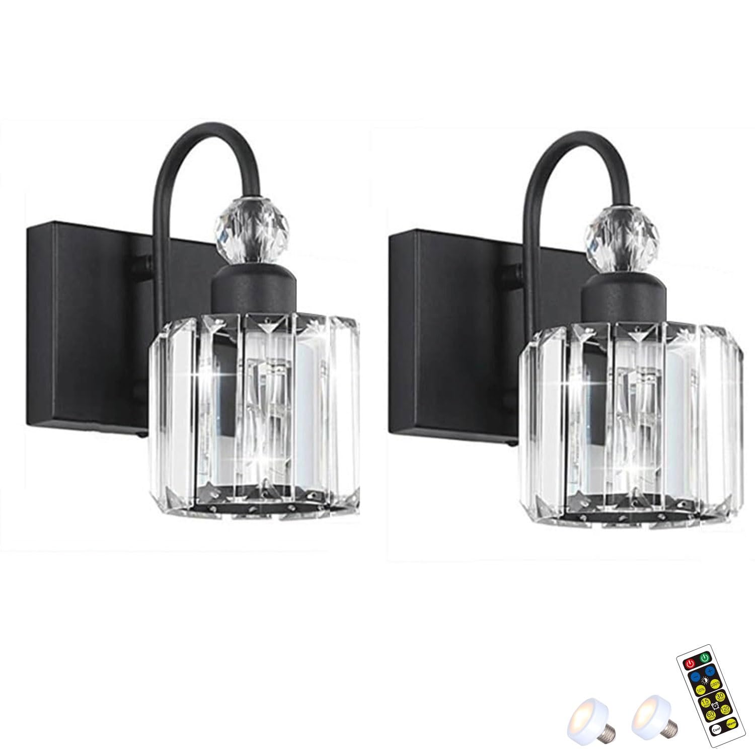 Modern Glass Crystal Wall Sconces Battery Operated Set of 2, with Bulb &Remote, Not Hardwired Bathroom Mirror Wall Lights, Wireless Dimmable Timed Wall Lamp for Hallway Foyer Bedroom(Black)