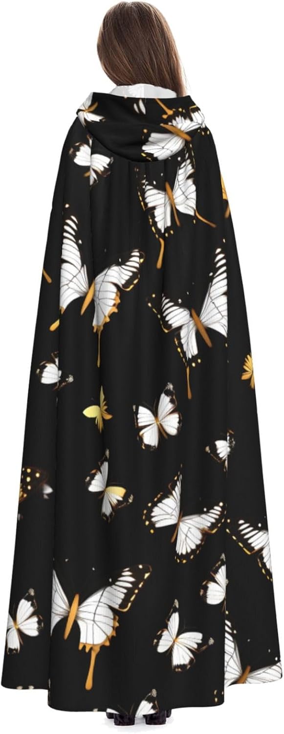 Gold White Butterflies Black print Halloween Hooded Robe Cloak for Adult Men Women Wizard Vampire Knight Fancy Cape Costume