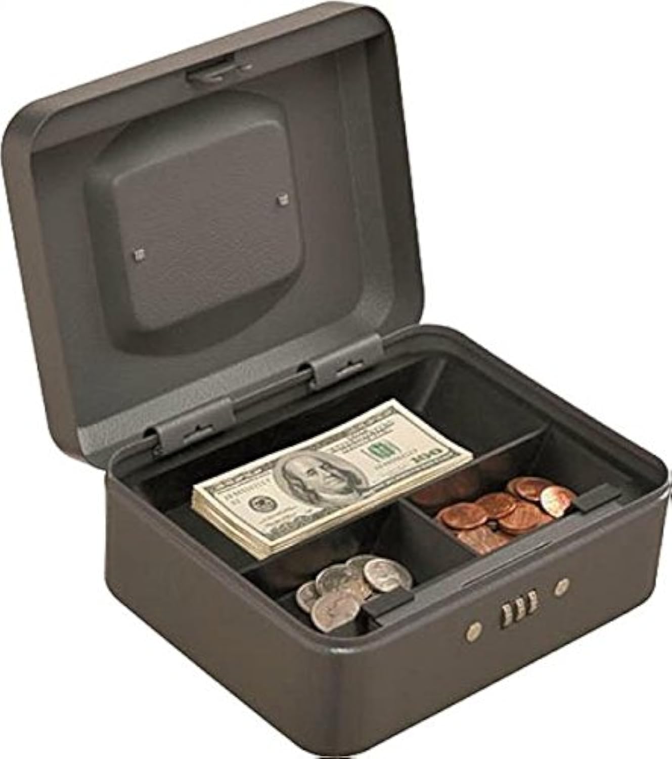 Rocky Mountain Goods Small 8"x6"x3" Cash Box - Combination Lock and Money Tray - Removable Three Compartment Tray - Carry Handle - Heavy Duty Steel - Convenient Portable Size