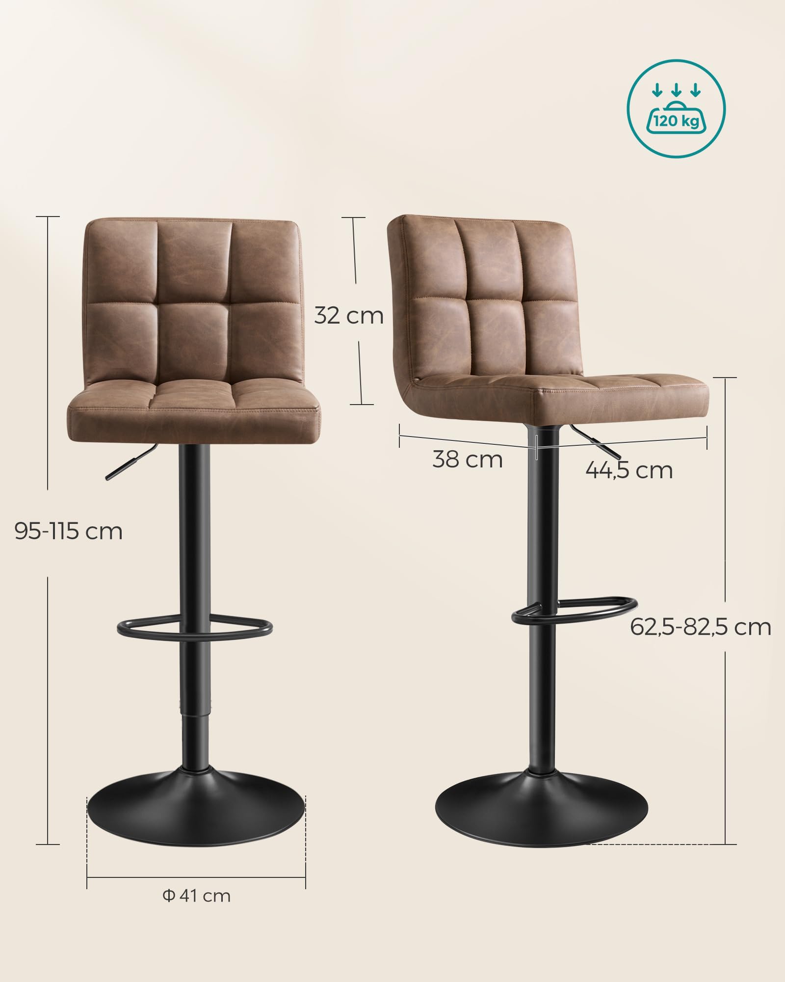 SONGMICS Set di 2 Sgabelli da Bar, Sedie Girevole Regolabili in Altezza con Rivestimento in PU, Sedie da Cucina con Schienale e Poggiapiedi, Sala da Pranzo, Bancone, Acciaio, Marrone Noce LJB064K02