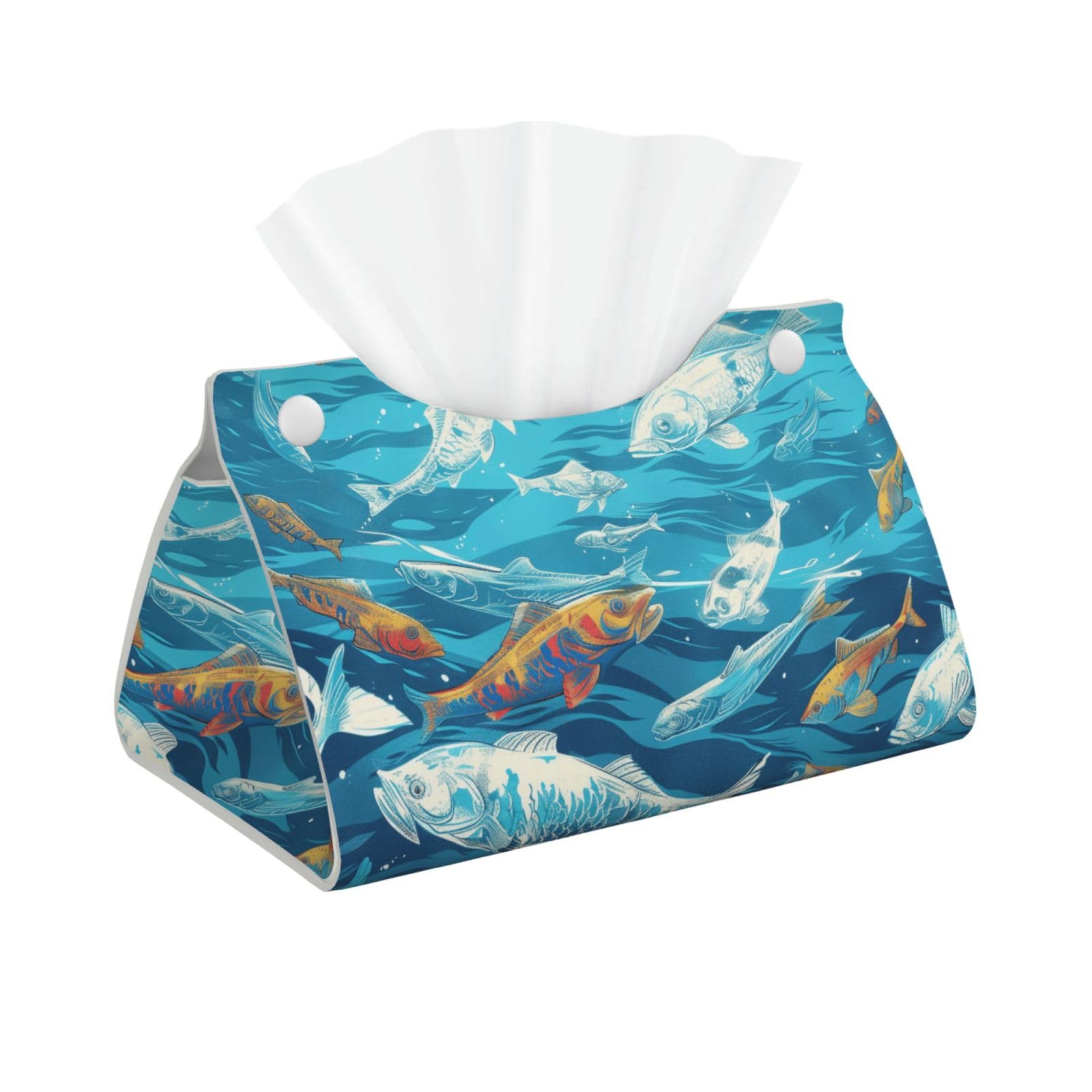 Fishes Print Tissue Box Cover Foldable Tissue Storage Box Leather Tissue Cube Box Holder for Living Room Bedroom Office Car Home Decor