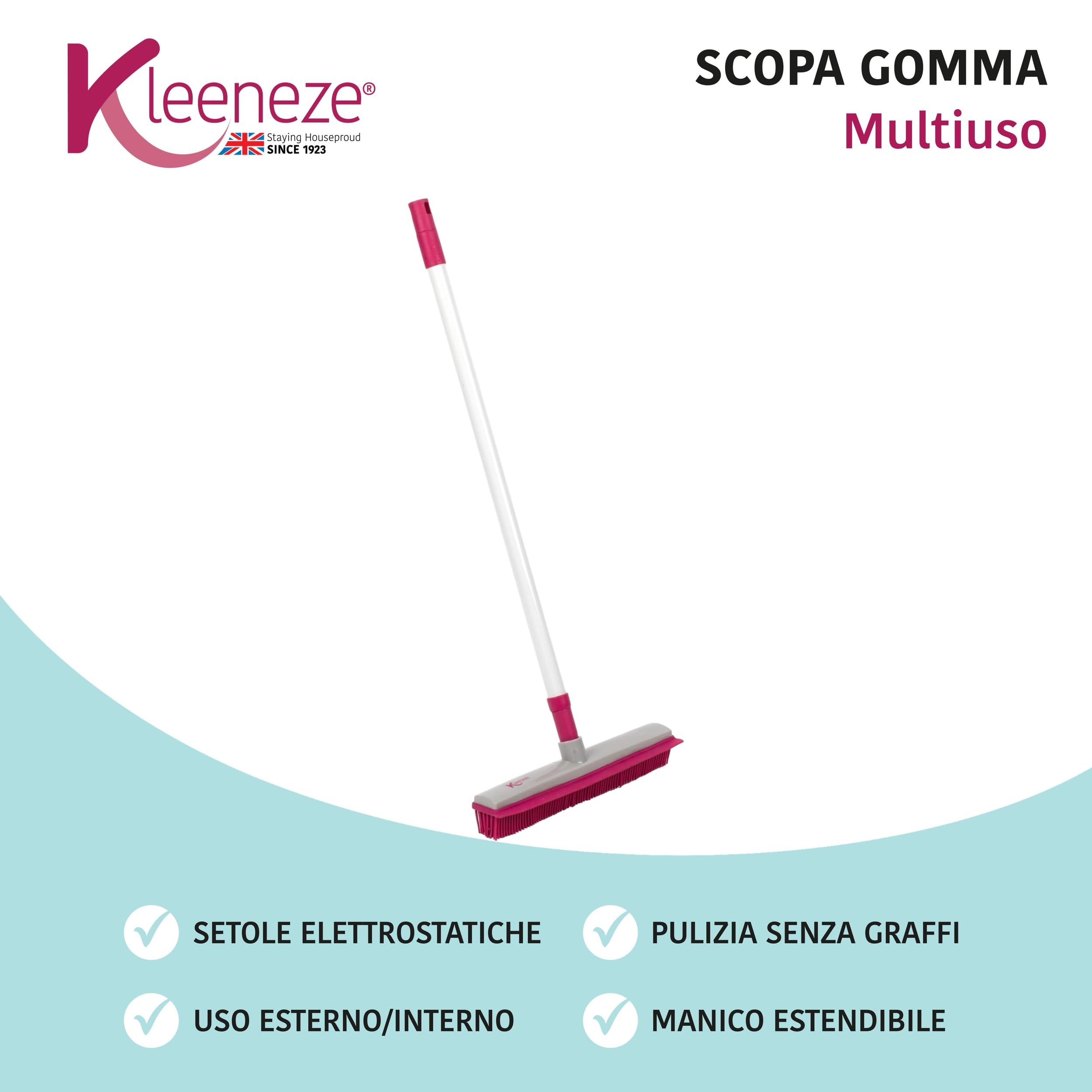 Kleeneze KL065315EU Scopa elettrostatica sottovuoto con testa in gomma per esterni, balcone, piscina, rosa/grigio
