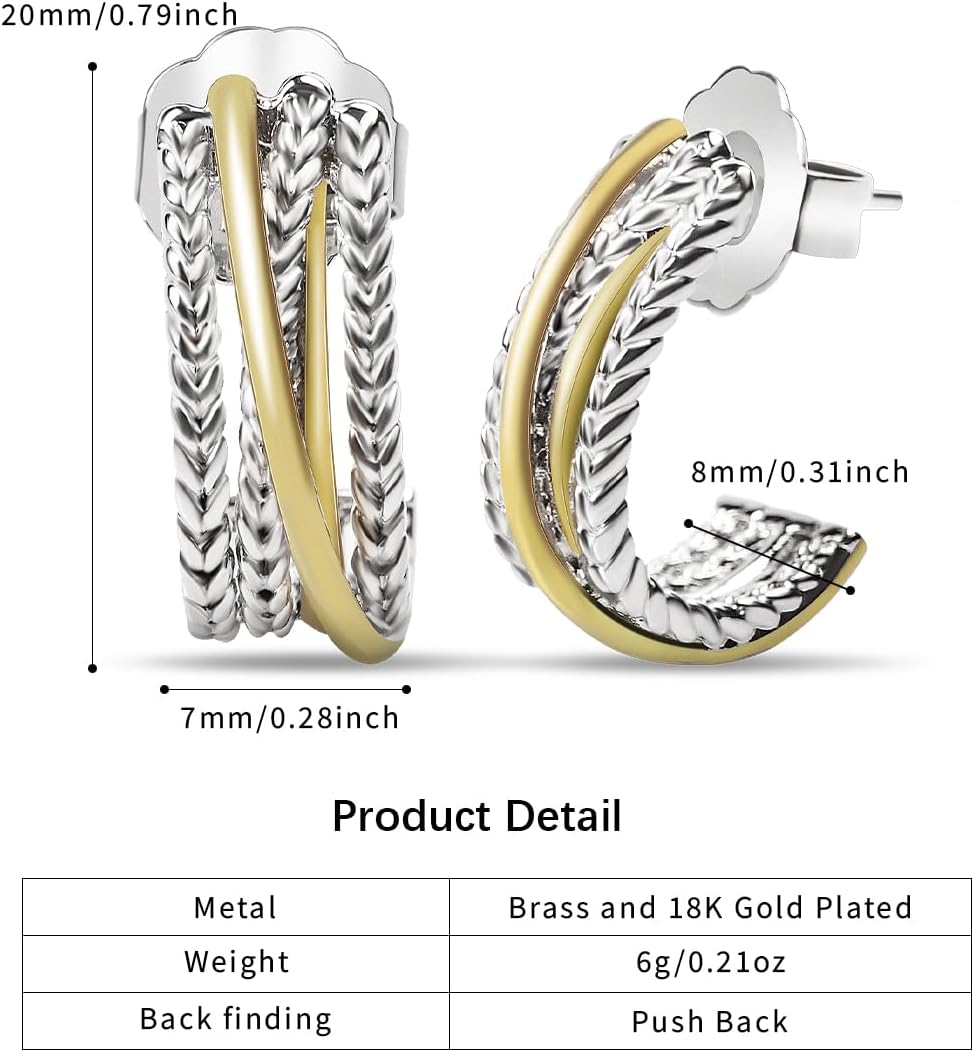 Designer Inspired 18K Gold Plated Twisted Cable Hoop Earrings & Two Tone Intertwined Cable Band Ring Size 9