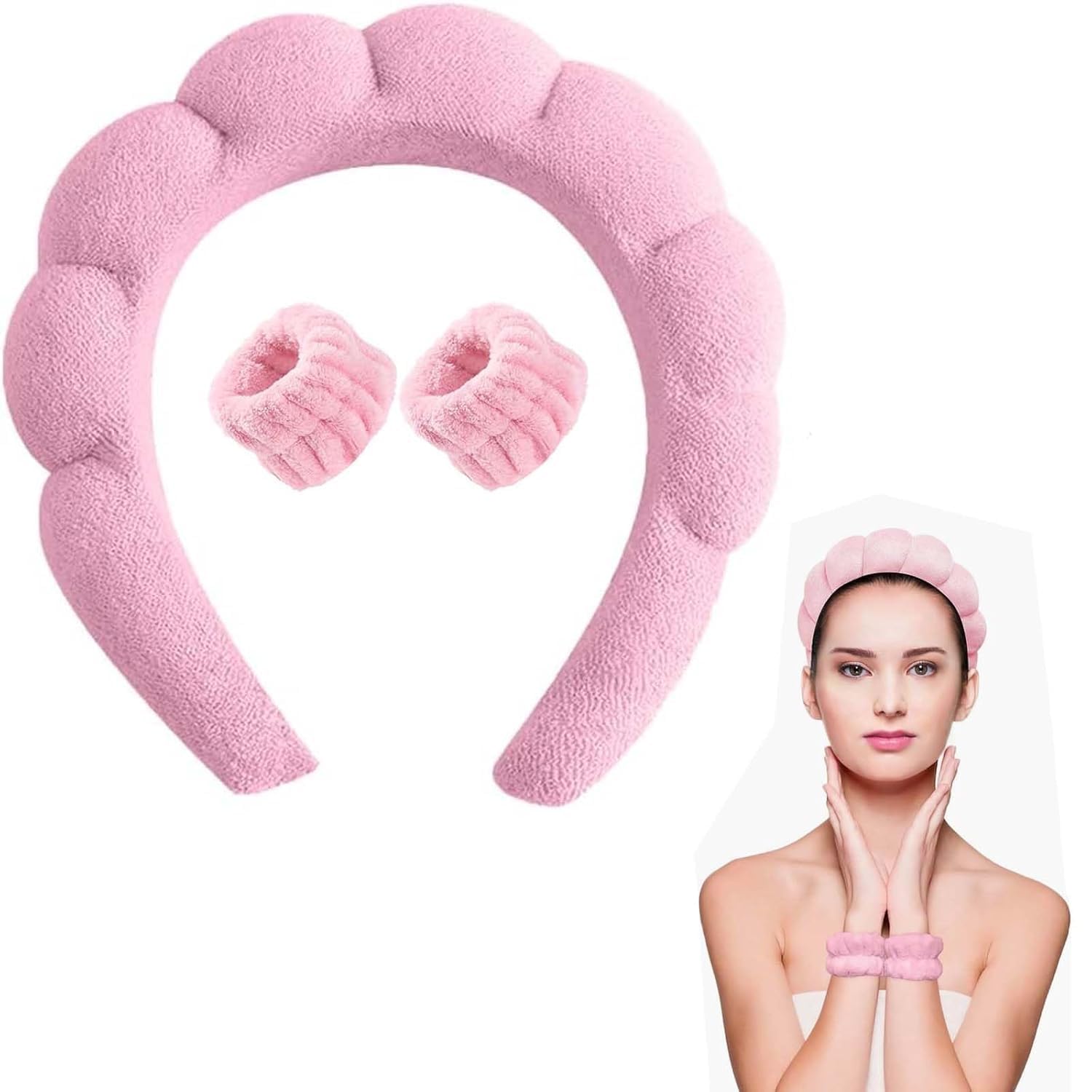Spa Headband and Wrist Washband Set for Women, Puffy Bubble Makeup Hair Band with 2 Plush Microfiber Wrist Towels for Face Washing, Skincare and Facial Care-image-20