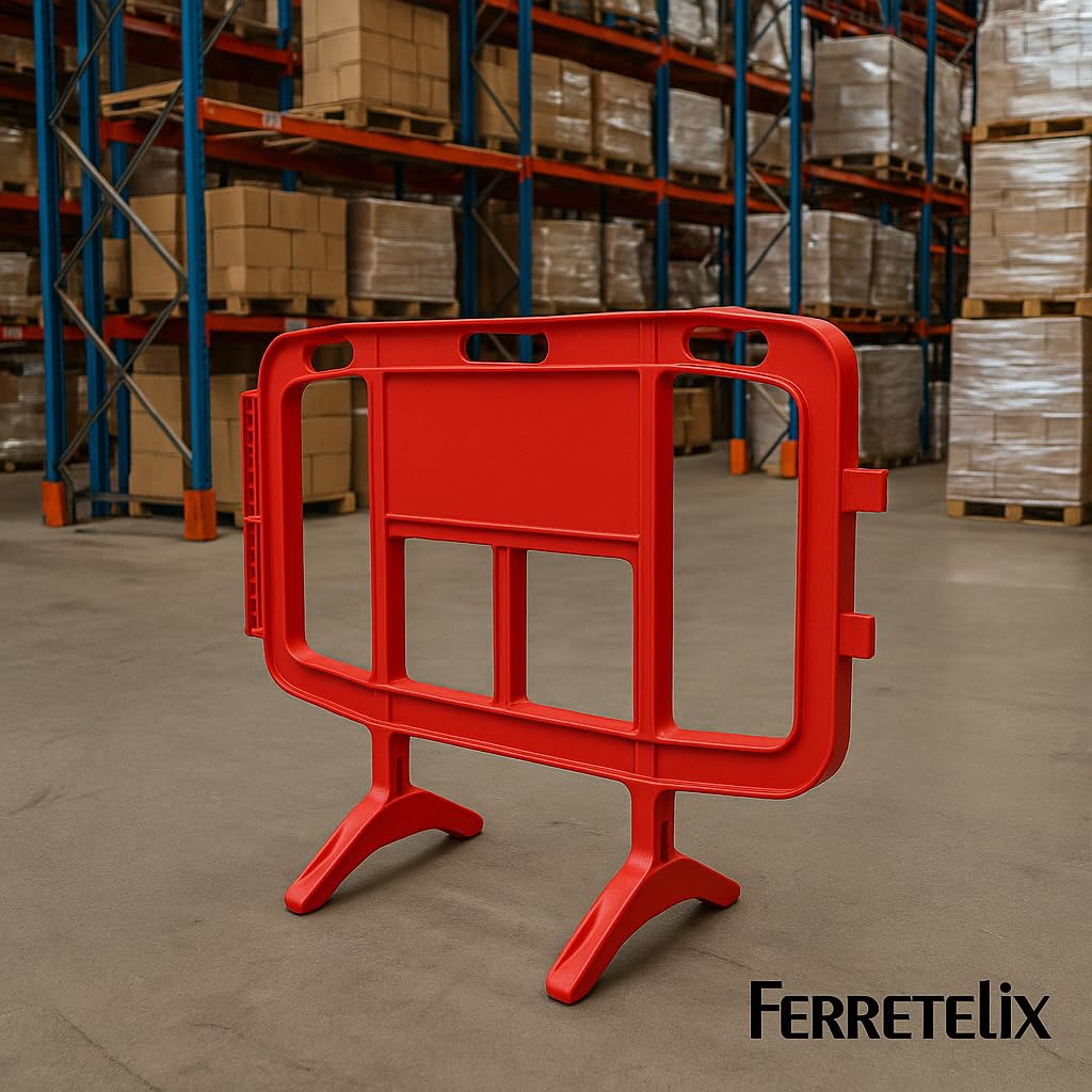 FERRETELIX® Valla plástico PVC roja 1,26 m (Kit de 3 unidades) con patas giratorias – Ligera y resistente para señalización temporal