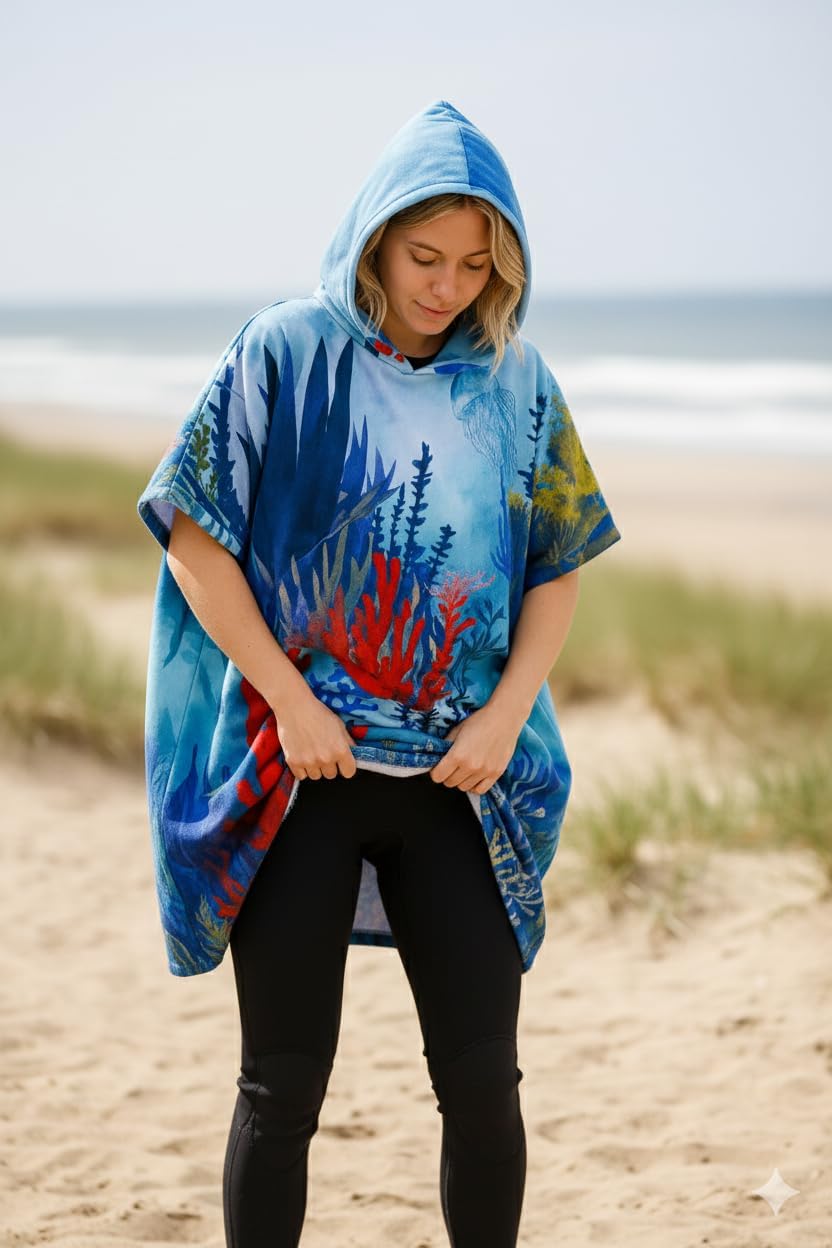 Altum Vida Scuba Changing Poncho – Unisex Microfiber Hooded Towel Robe for Scuba Divers, Surfers & Swimmers – Quick‑Dry, Packable & Ultra‑Soft Wetsuit Change Robe (Coral Garden)