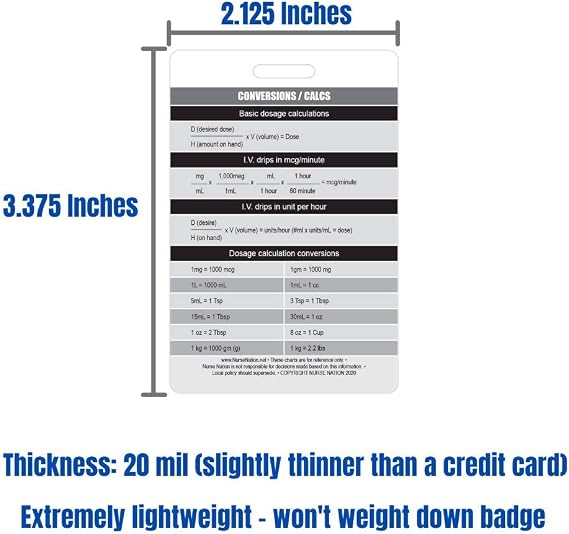 Healthcare Conversions, Weight Conversions, Temperature Conversions, and Common IV Drug calculations Vertical Badge Card - Excellent Resource for Nurses, Nursing Clinicals, and RN Students