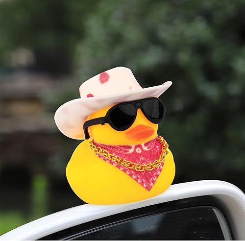 Miniatura 6 de wonuu Decoración de coche de pato de goma, accesorios para automóvil, adorno para tablero de instrumentos con sombrero de vaquero occidental, anillo