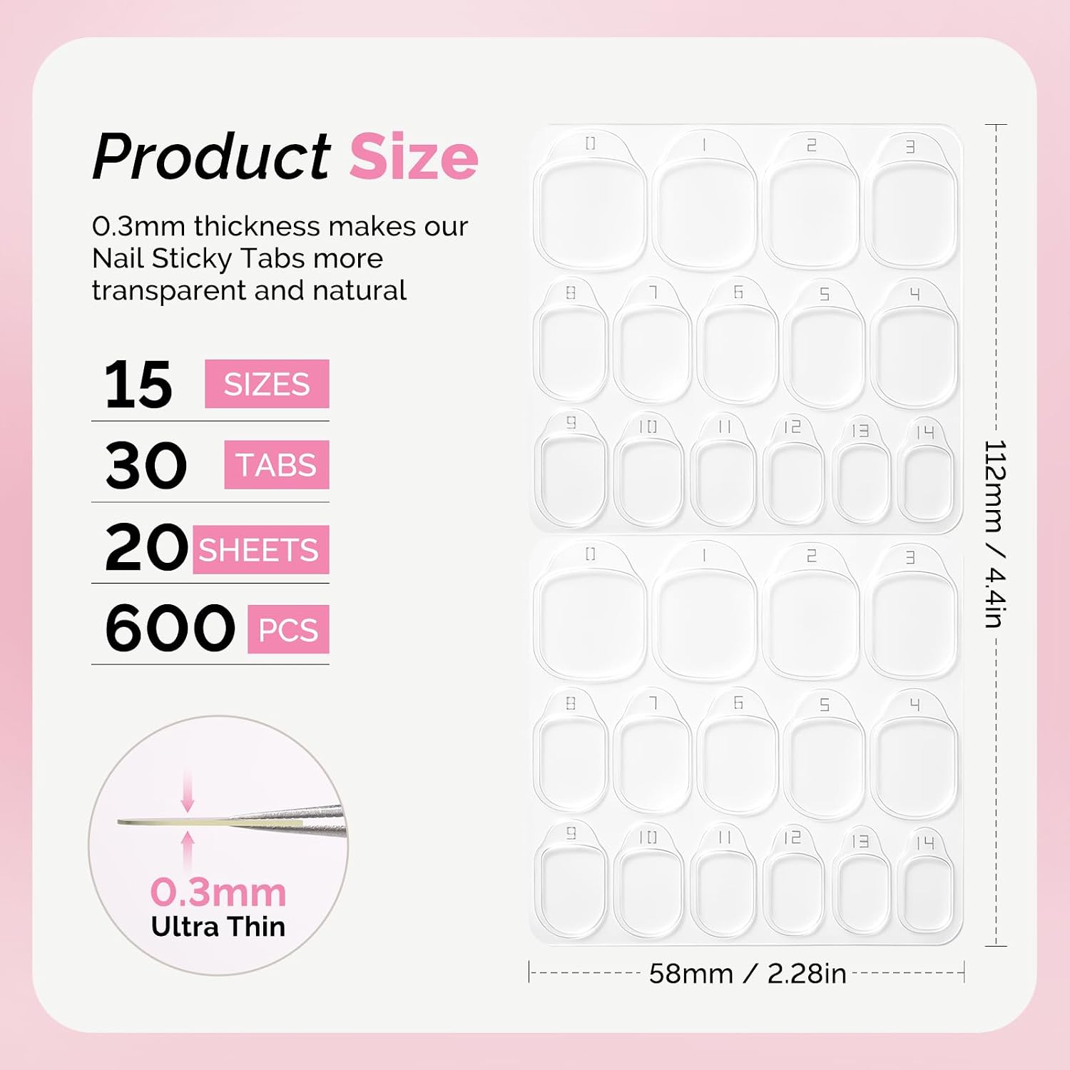 MelodySusie Nail Adhesive Tabs for Press On Nails, 600Pcs, 20 Sheets | 15 Sizes, 0.3mm Ultra Thin, Waterproof Breathable, Double-Sided Jelly Stickers, Daily Wear and Gentle Removal