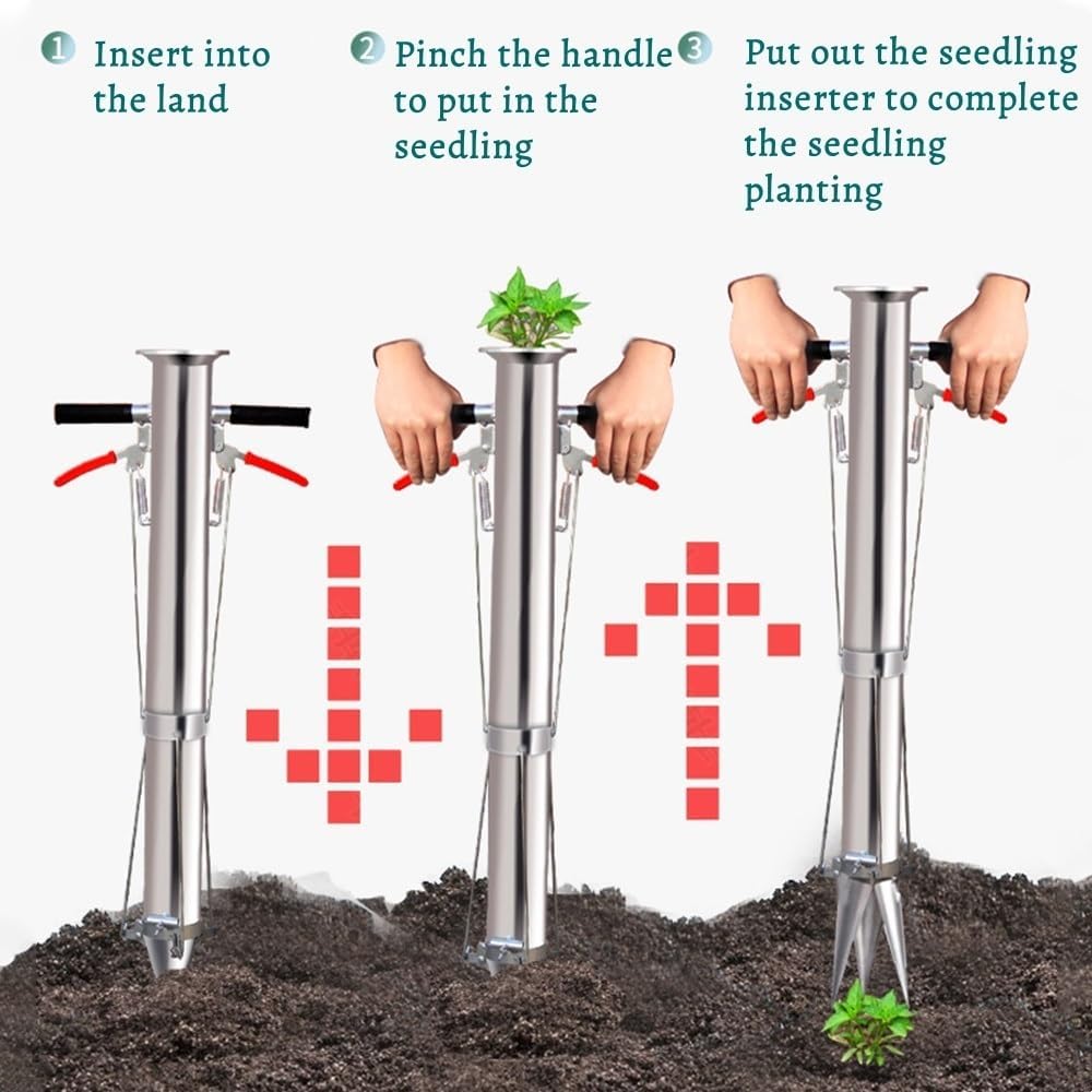 Stainless Steel Handled Seedling Transplanter, Manual Vegetable Planter Tool, Bulb and Seed Planter, Handheld Gardening Seeder for Garden and Farm Use(A)