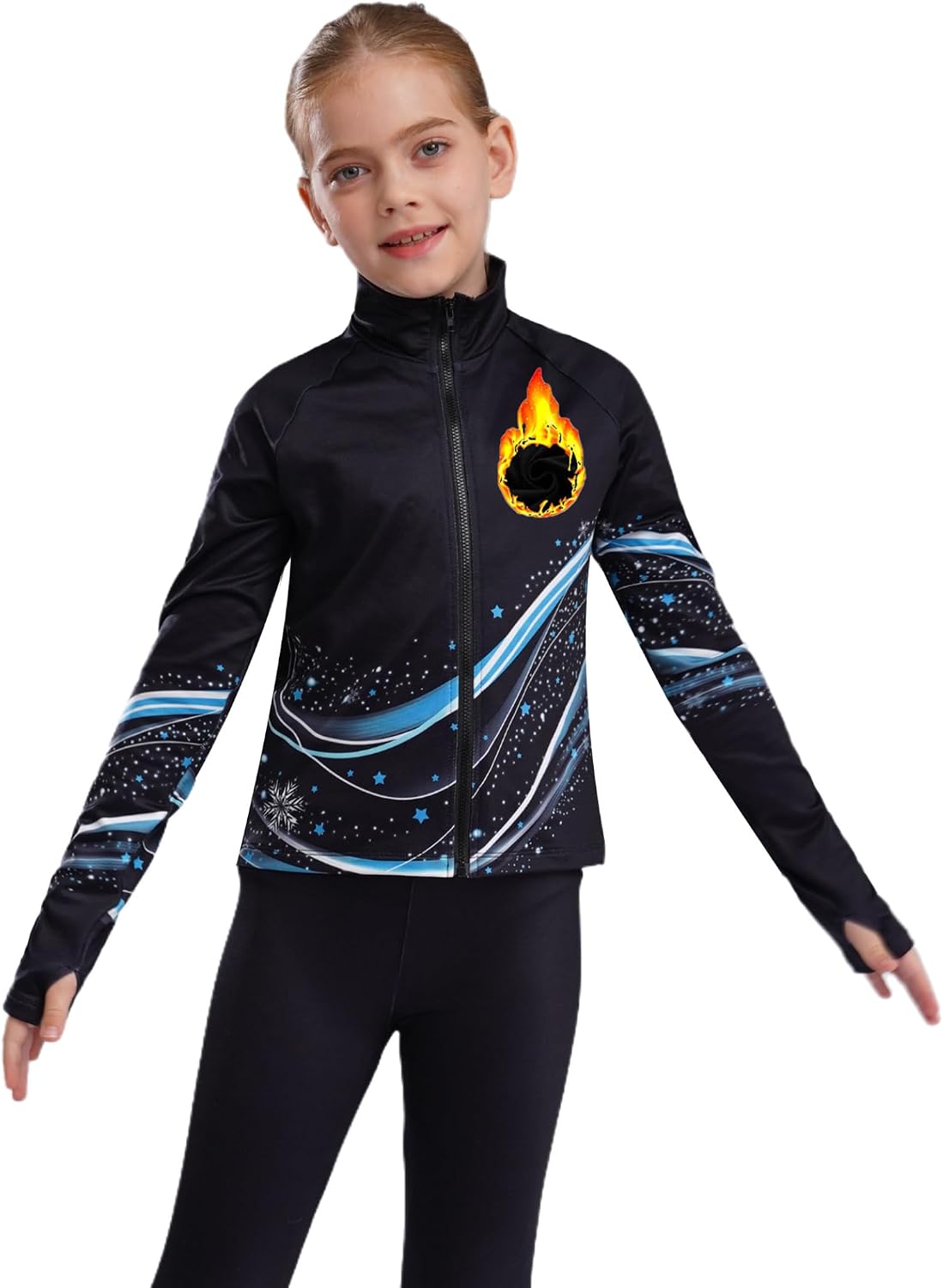 Jugaoge Kids Girls Printed Zip Up Figure Skating Jacket Warm Fleece Lined Ice Skating Practice Sweatshirts