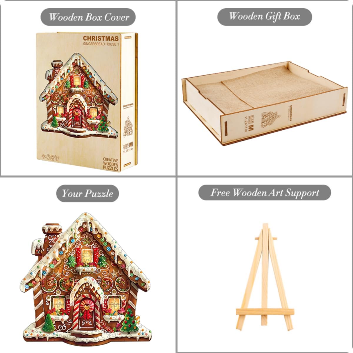 Wooden Puzzles Adults, Christmas Gingerbread House Unique Shaped Wood Puzzle, Challenging 185pcs Jigsaw Puzzle, Holiday Xmas Stocking Stuffers Gifts for Men Women, 11.5x11in Wall Decor