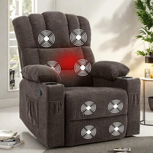 YITAHOME Manual Recliner Chair with Massage and Heat, Fabric Recliner Chair with Overstuffed Armrest, Rocking Recliner with 2 Cup Holders, USB Charge Port and Side Pocket for Living Room, Brown2