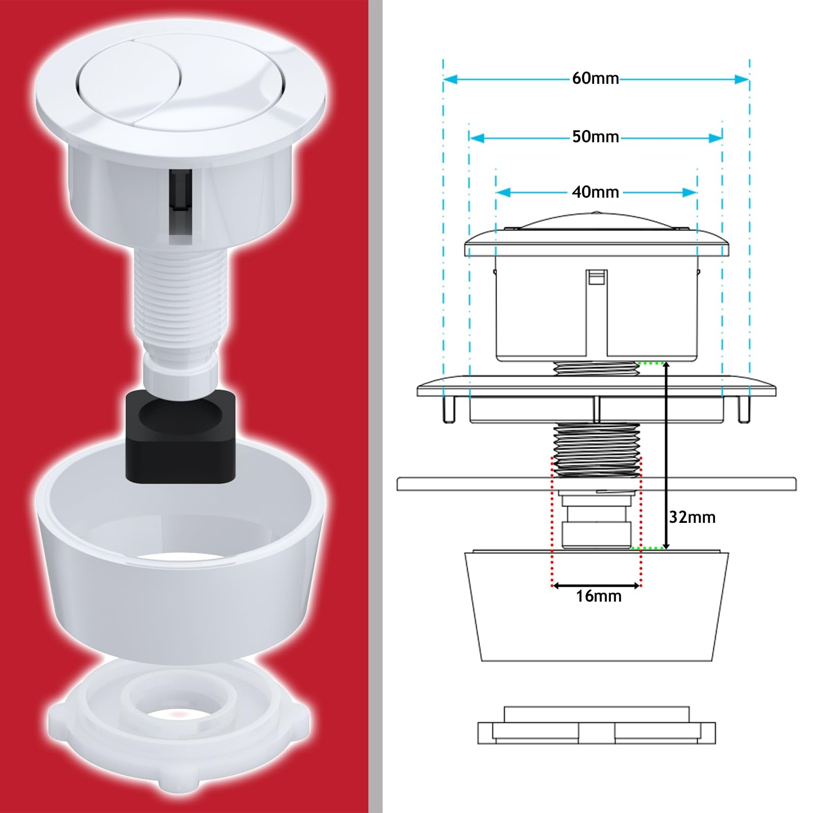SPARES2GO Universal Toilet Cistern Dual Flush Push Button Kit for 20mm 40mm 50mm 60mm Lid Hole (Gloss White) - Image 2