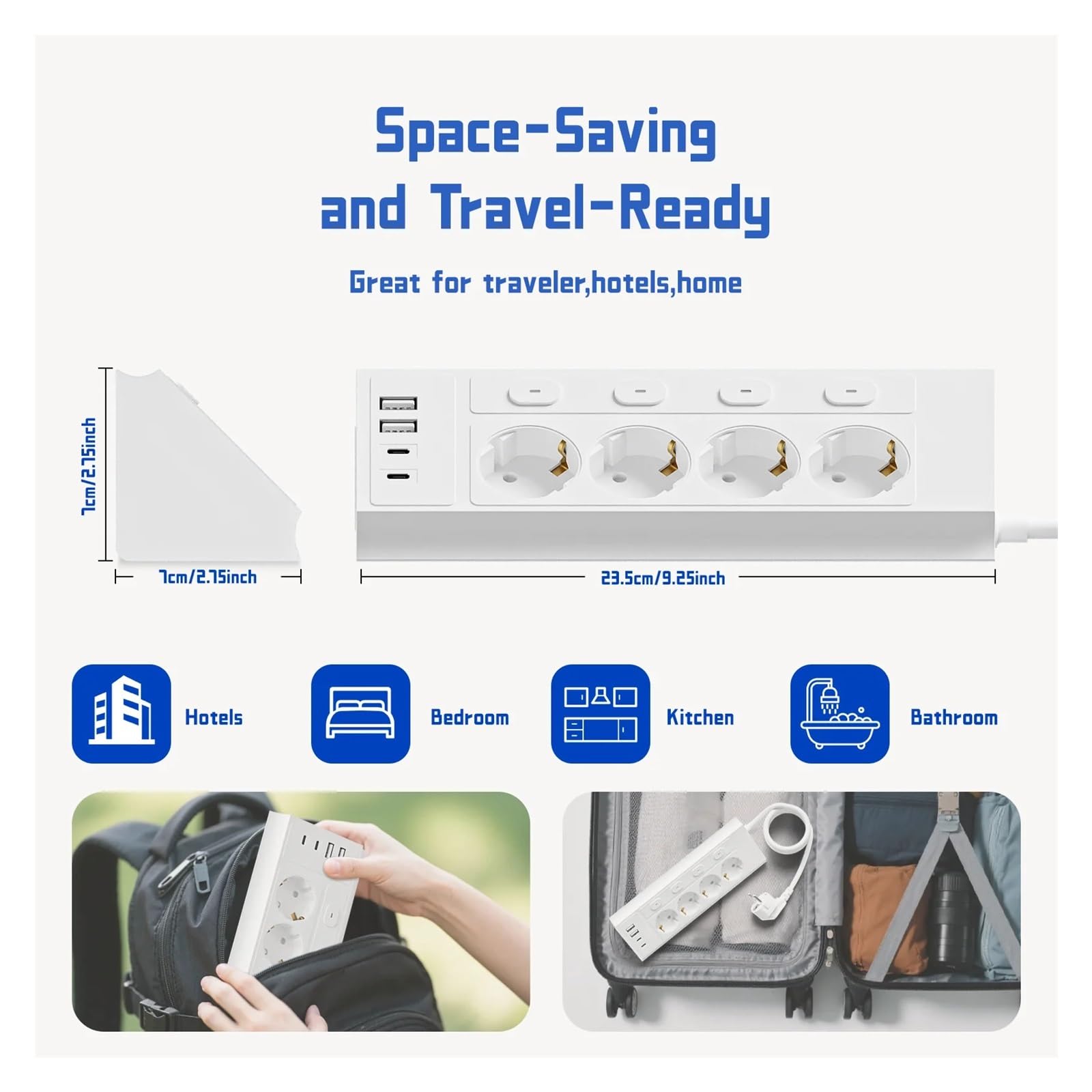Regleta de enchufes UE 8 en 1 con 4 interruptores, extensión de 1,5 metros, 4 enchufes de CA, 2 puertos USB tipo C, esquina, independiente(Black)