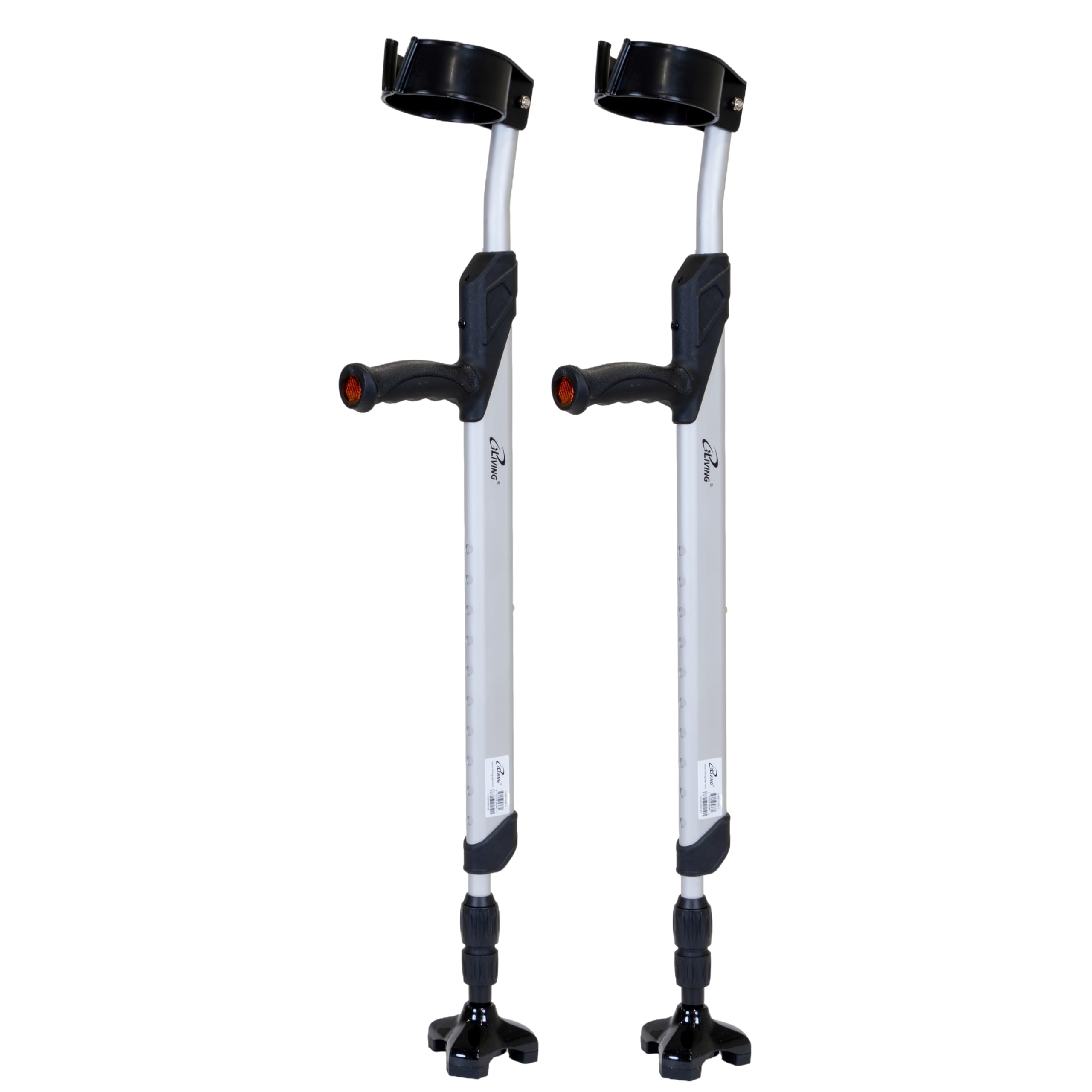 iLiving Forearm Crutches for Adults - Self-Standing Adjustable Mobility Aid with Flip-Up Arm Rest, Ergonomic Handle, 10-Height Settings, Auto-Leveling Base, and 220 lb Capacity, Silver, 1 Pair