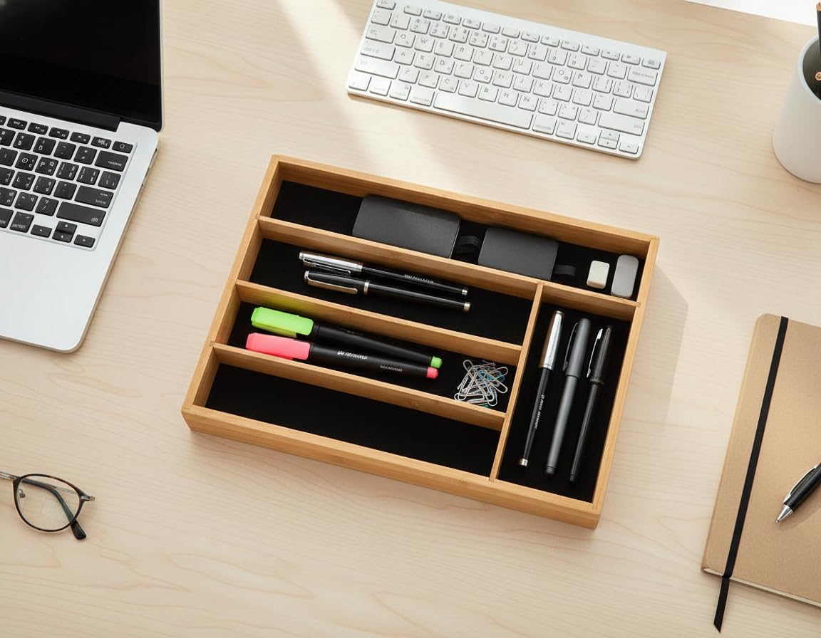 Range Posate in bambù – Organizer per cassetti da cucina a 5 scomparti – resistente e sostenibile ecologico (34 x 25 x 4 cm)