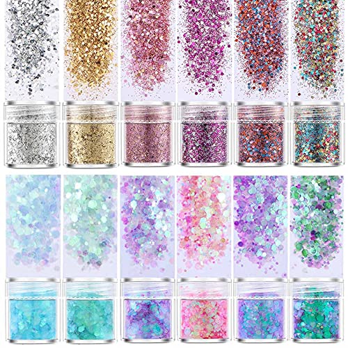 Lumeiy Holográfico Chunky Glitter 12 Colores para el Cuerpo Cara Cabello Ojos Fiesta Belleza Maquillaje,Nail Art,Decorativo,Pintura Cover