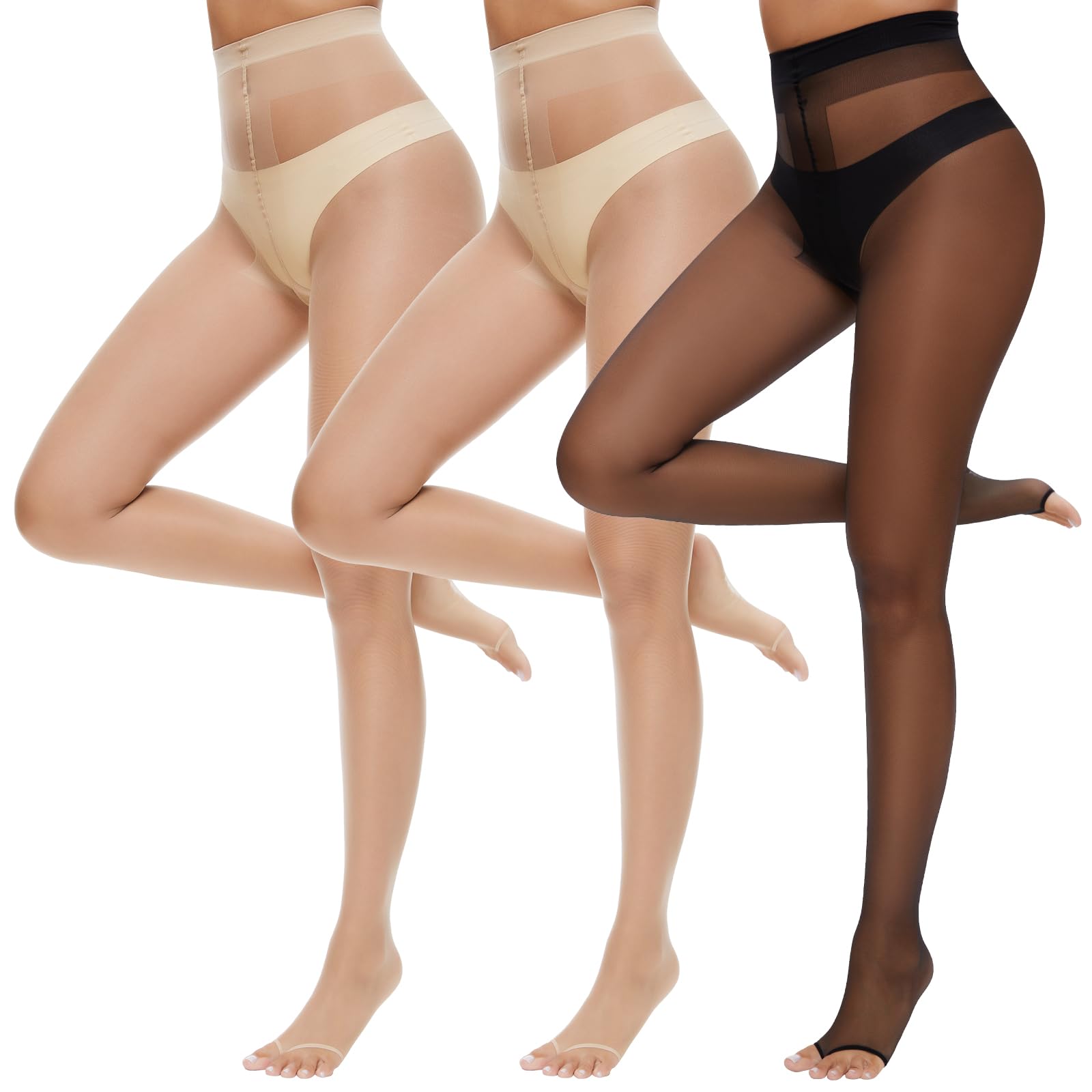 Manzi Women's 2Nude+1Black 3 Pairs Toeless Tights Comfort 10 Denier Ultra Thin Soft Sheer Open Toe Pantyhose Nylons For 2Nude 1Black S