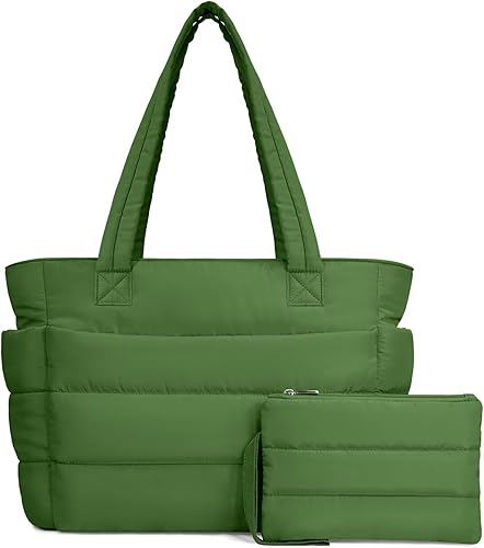 Miniatura 33 de TOPDesign Bolsa Tote Acolchada para Mujer, Bolso de Mano Ligero Inflado con Compartimentos, Bolsa de Hombro Acolchada para Trabajo, Viajes, Gimnasio