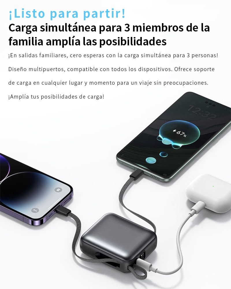 Batería Externa 12000mAh 44.4Wh PD 22.5W Carga Rápida USB-C Cargador iOS 3 Dispositivos Simultáneamente 2 Cables Integrados Compatible iPhone16,QC3.0,Salida USB-A/Type-C/iOS,Entrada Type-C,Plata
