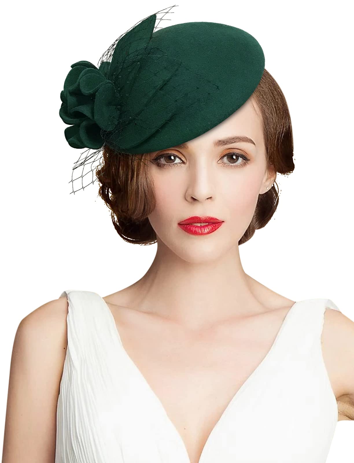 Z&X Vintage 1922s Wool Felt Flower Fascinator Pillbox Hat British Wedding Church Hats for Women Winter Fedoras Green