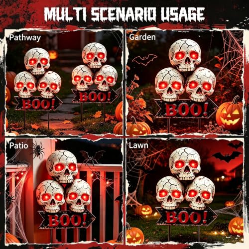 Image of VOOKRY Solar Halloween Skull Lights Outdoor, 3 Skulls with Red Glowing Eyes