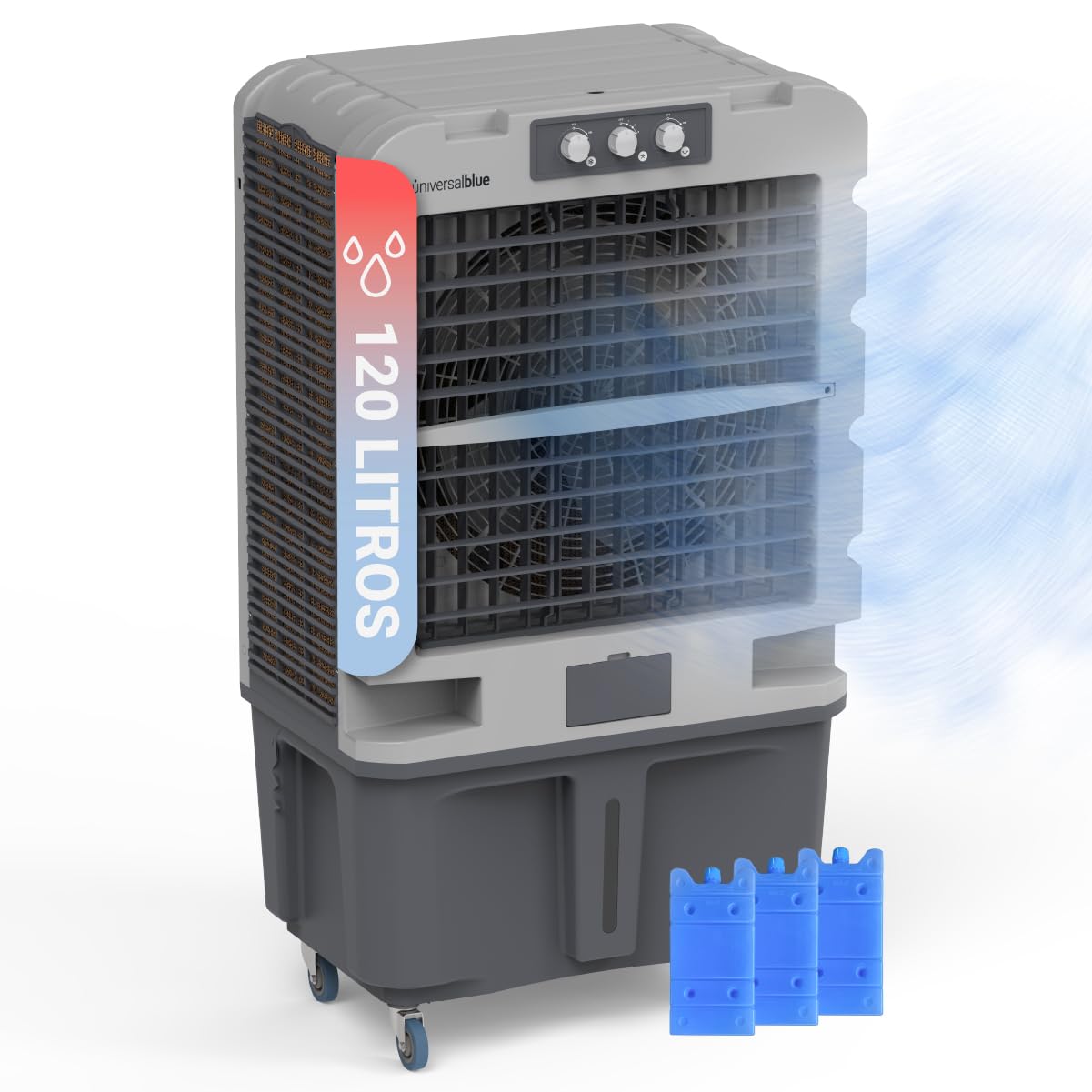 UNIVERSALBLUE Climatizador Evaporativo 120L, Caudal 10.000 m³/h, Cobertura 80 m², 350W, 3 Packs de Hielo, con Ruedas, Interiores y Exteriores, Almacenes