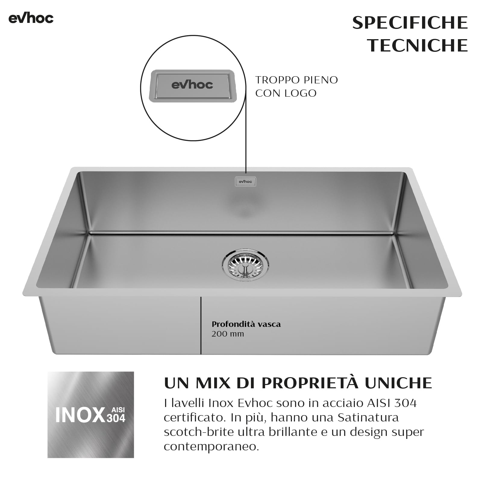 EVHOC Lavello Cucina Sopratop 1 Vasca 84x44 cm, Lavandino in Acciaio Inox Vasca Unica con Finitura Satinata, Piletta e Sifoni Inclusi, Made in Italy, LUMIUM XXL