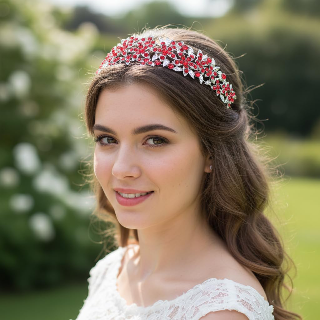EVER FAITH Tocados de Boda de Cristal Austriaco para el Cabello, Diadema de Novia con Racimo de Flores para Rojo Tono Plateado
