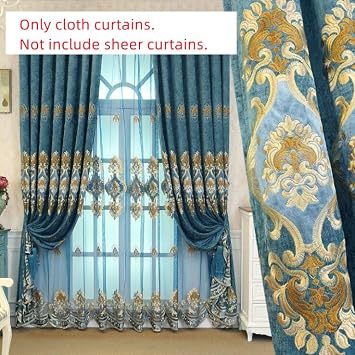 Amidoudou 1 Pair European Luxury Embroidered Curtains for Living Room Bedroom Chenille Curtains (Blue,51x84 Inch)
