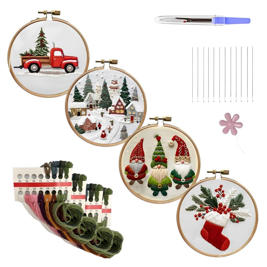 4 Sets Christmas Embroidery Kits,Cross Stitch Kits for Adults Beginners,DIY Handmade Christmas Craft Kits for Adults with Hoop Cloth Needles Threads,Xmas Gift