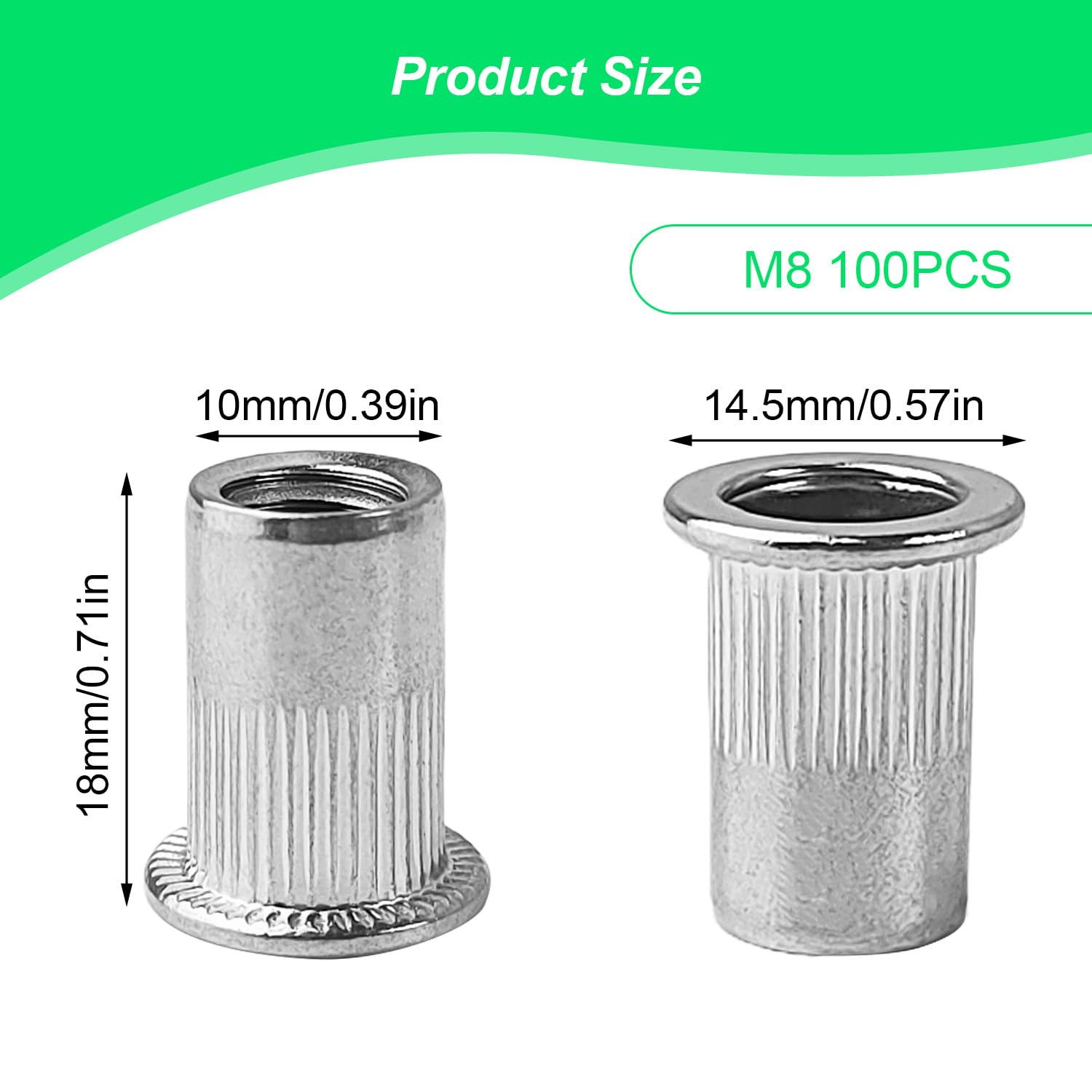 100 Pezzi Rivetti Filettati M8, Acciaio Inossidabile, con Corpo Scanalato Inserti Filettati, 10 mm Inserti Rivetti Ciechi, Adatti per Pannelli in Metallo e Plastica (argento)