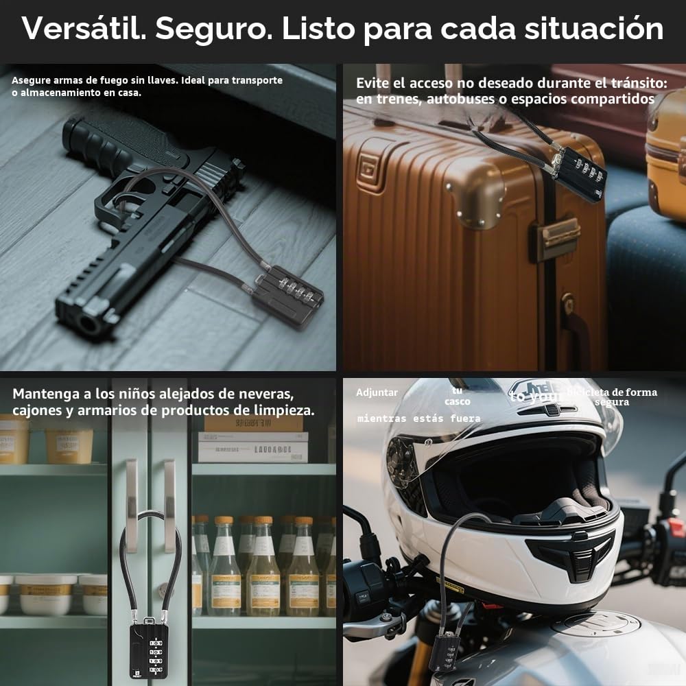 RESET-204 candado de cable flexible de 30 cm con combinación de 4 dígitos, candado largo para cubo de basura, taquilla, equipaje, maleta, casco y armero, diámetro 5 mm, negro, 2 unidad
