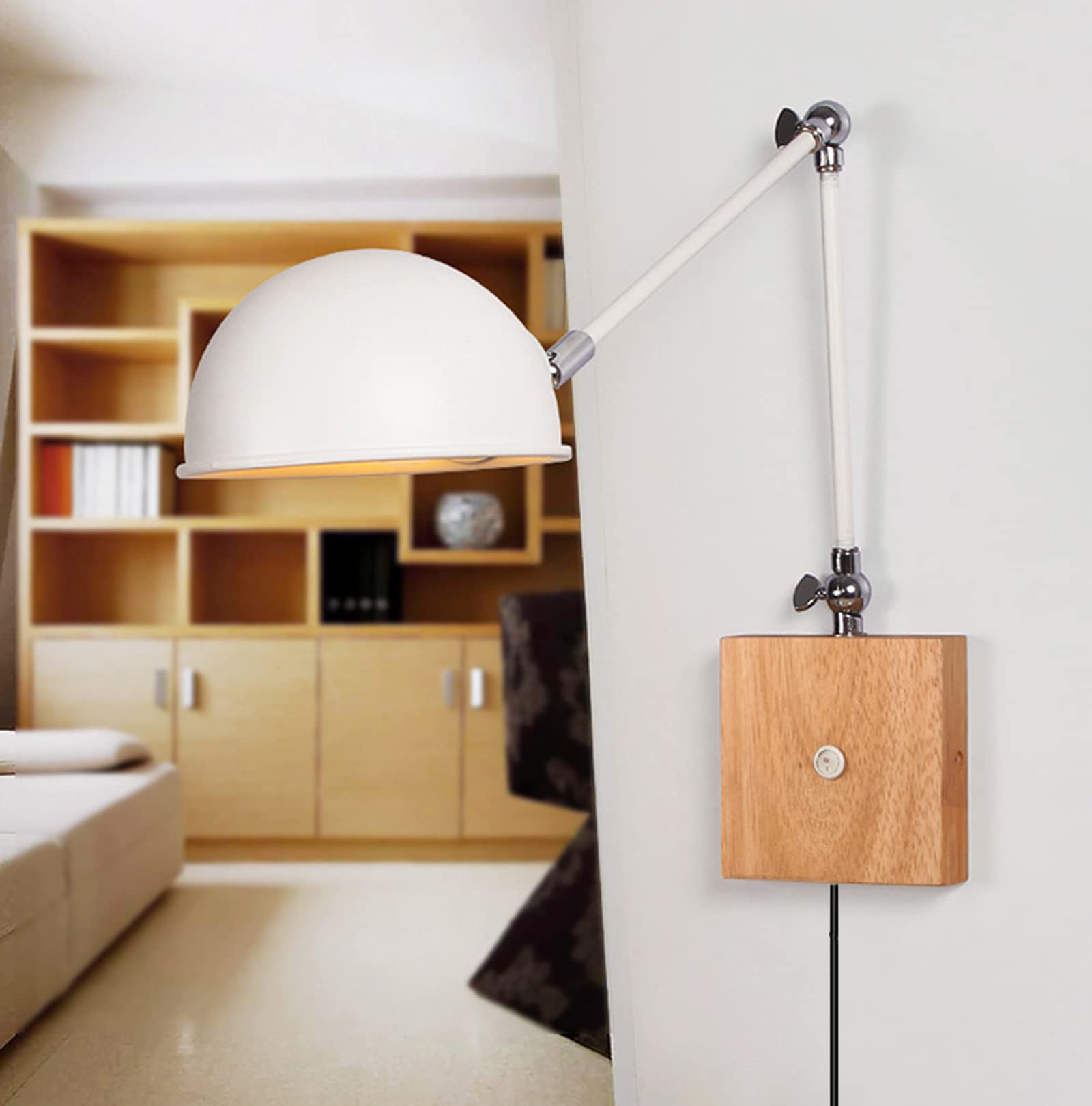 WXKAGF Retro-Wandleuchten aus Holz, Langer Arm mit Schalter, verstellbare Wandleuchte für den Innenbereich, Vintage mit Stecker für Schlafzimmer, LED-Lese-Wandleuchten, industriell mit Lampenschirm